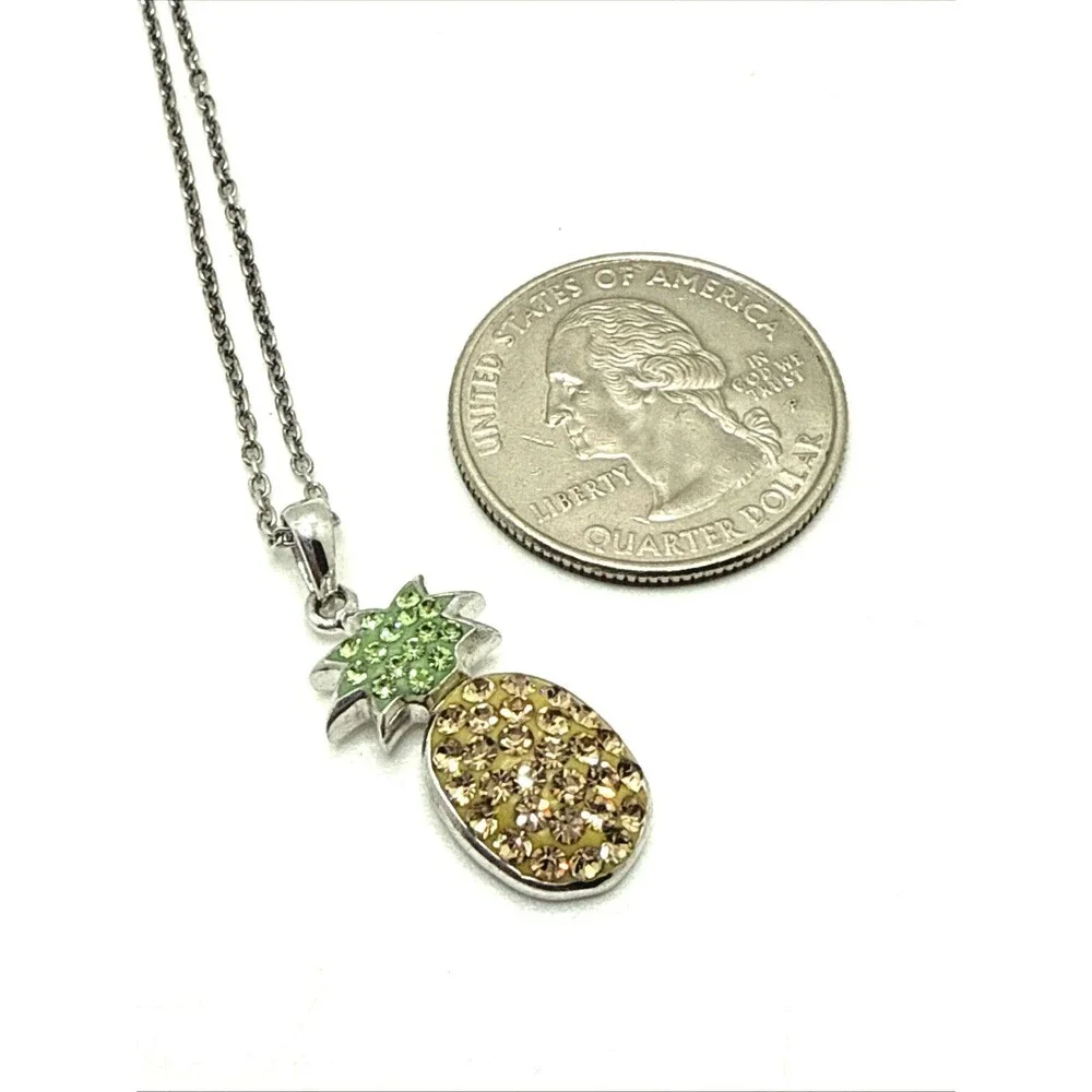 Crystal Rhinestone Pineapple Pendant Necklace Yellow Green Gold Tone 18